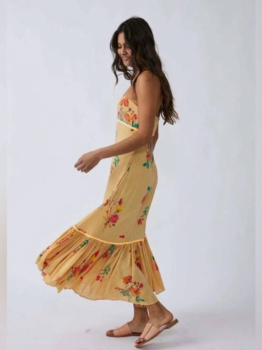 Free People Yellow Rosie Posie Sleeveless Midi Dress Size XL NWT